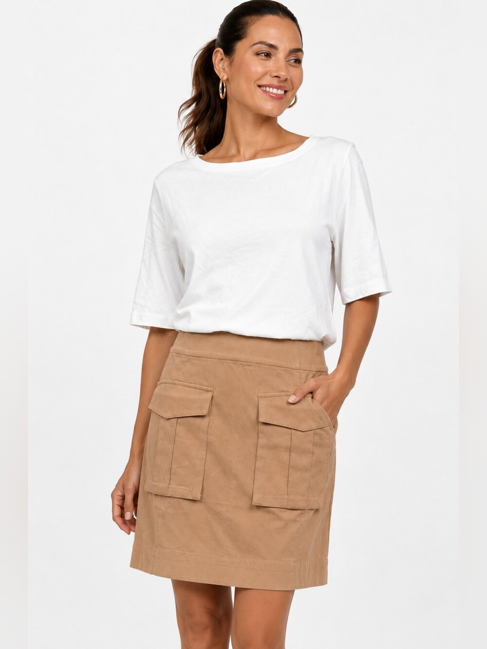 NWT Veronica Beard Elowyn Mixed Media Dress White Khaki Size L Cargo Pockets